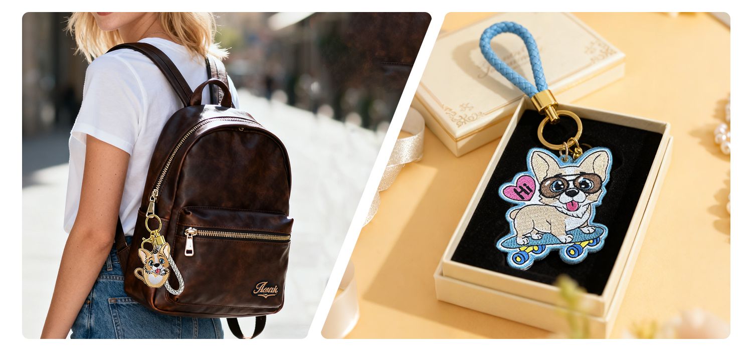 Aplicações Versáteis para Chaveiros de Couro Trançado com Charms Bordados