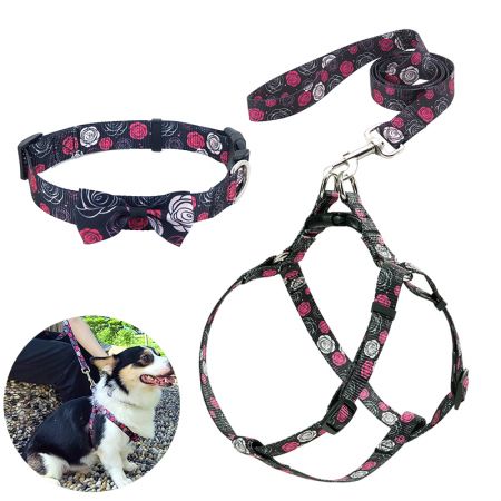 3-pieces Rose Pattern Dog Harness.