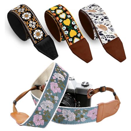 Heat Transferred Camera Strap with Leather Logo.