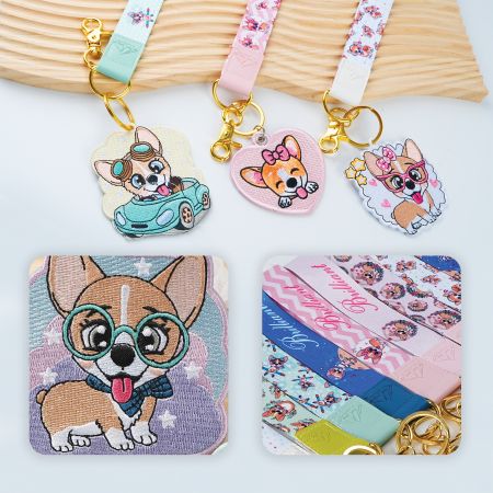 Chaveiro de pulso rosa com charme de cachorro promocional.
