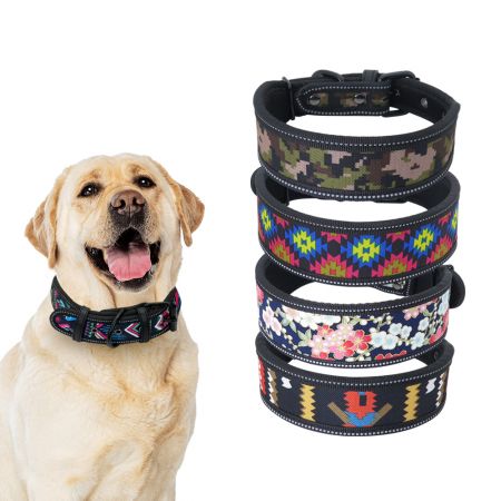 Collare per cani in nylon riflettente con motivo tribale. - Collare per cani riflettente ultra-largo personalizzato.